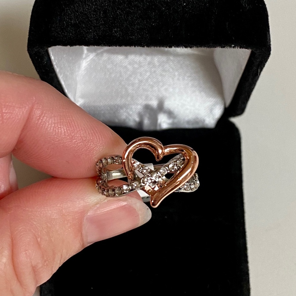 Rose Gold & Silver Simulated Diamond Heart Ring - Picture 5 of 12